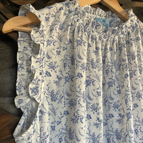 Floral Blouse L Ruffle Peasant Swing Top Cottagecore Sleeveless Tunic - Picture 6 of 16